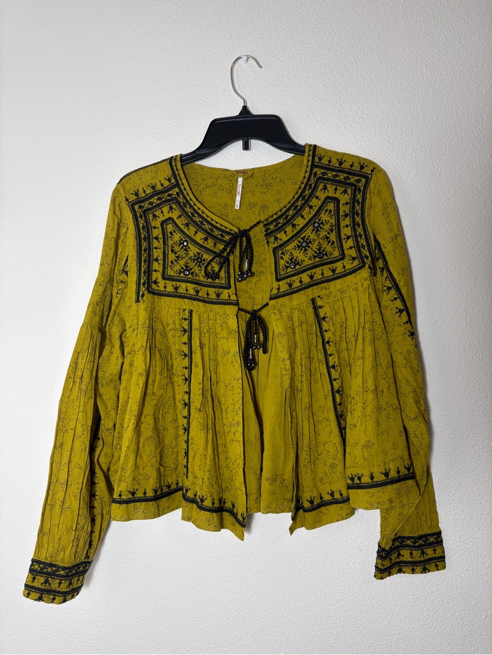 Free People Twillight Folk Shirt Jacket Medium Yellow Black Ebroidered Tassel S